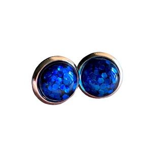8mm Blue Glitter Bomb Silver Stud Earrings!